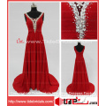Red Wedding Party Gown Pleat Straps Beading Court Train Chiffon Evening Dress Prom Dress (KMLY1)